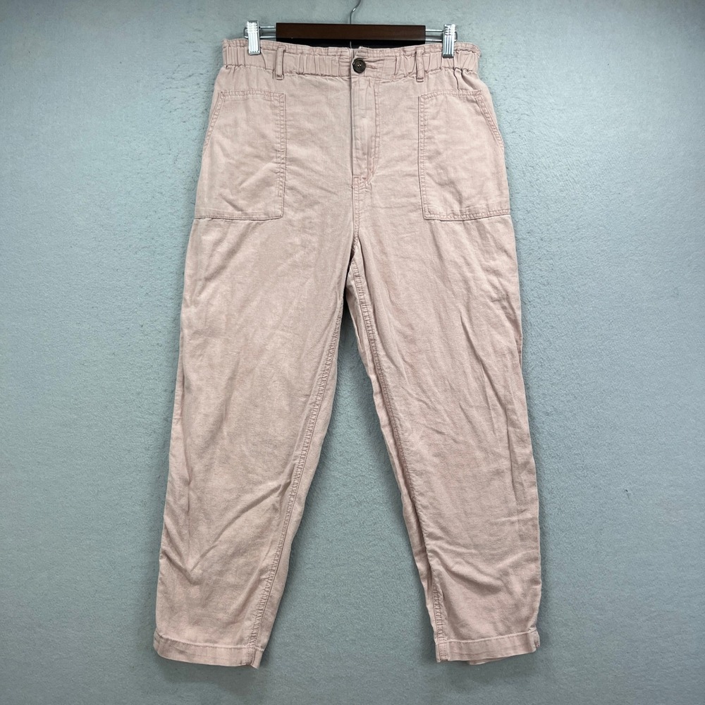 Love Tree Pants Womens Medium Pink Linen Blend High Rise Elastic Waist Tapered